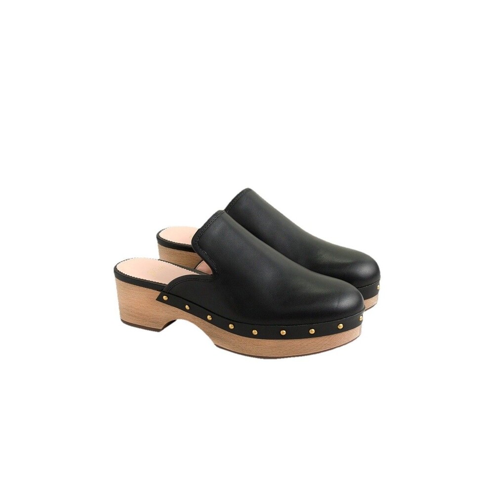 J. Crew Black Leather Studded Wooden Clogs Size 7.5